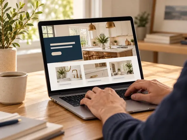 Hands on a laptop showing a custom website for a kitchen design business