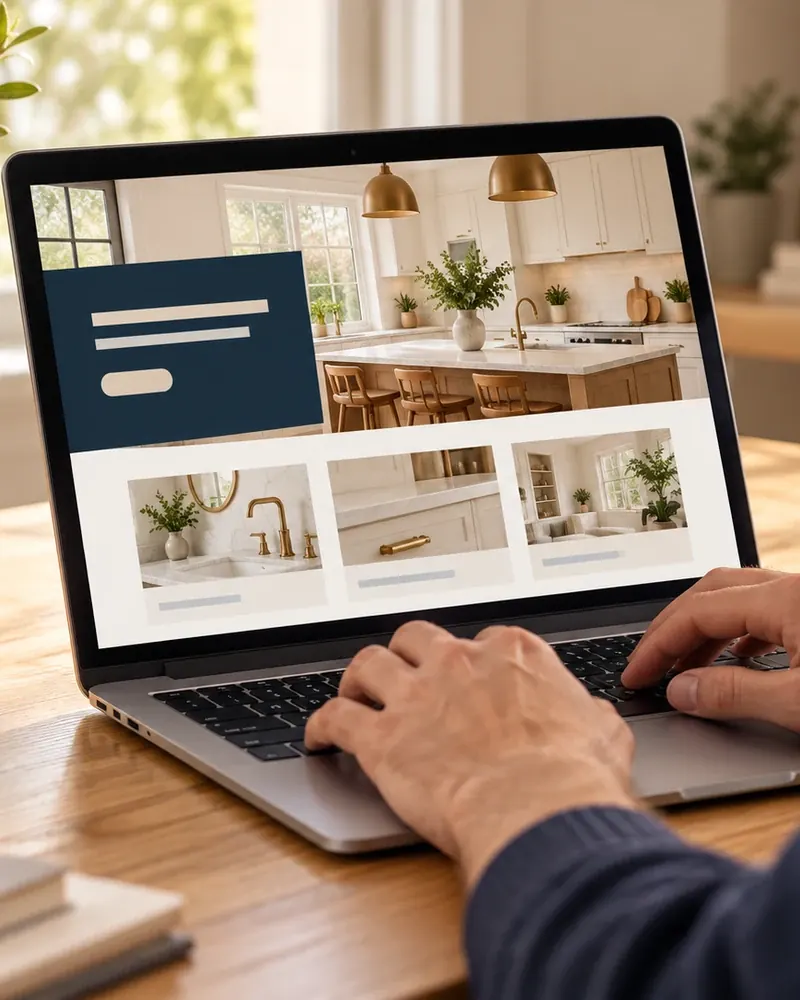 Owner reviewing a custom website with a kitchen photo gallery on a laptop