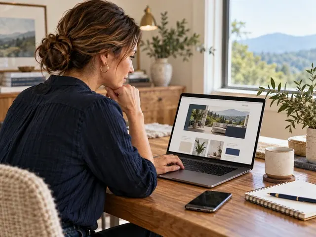 Business owner reviewing her website on a laptop at a kitchen table with mountain views