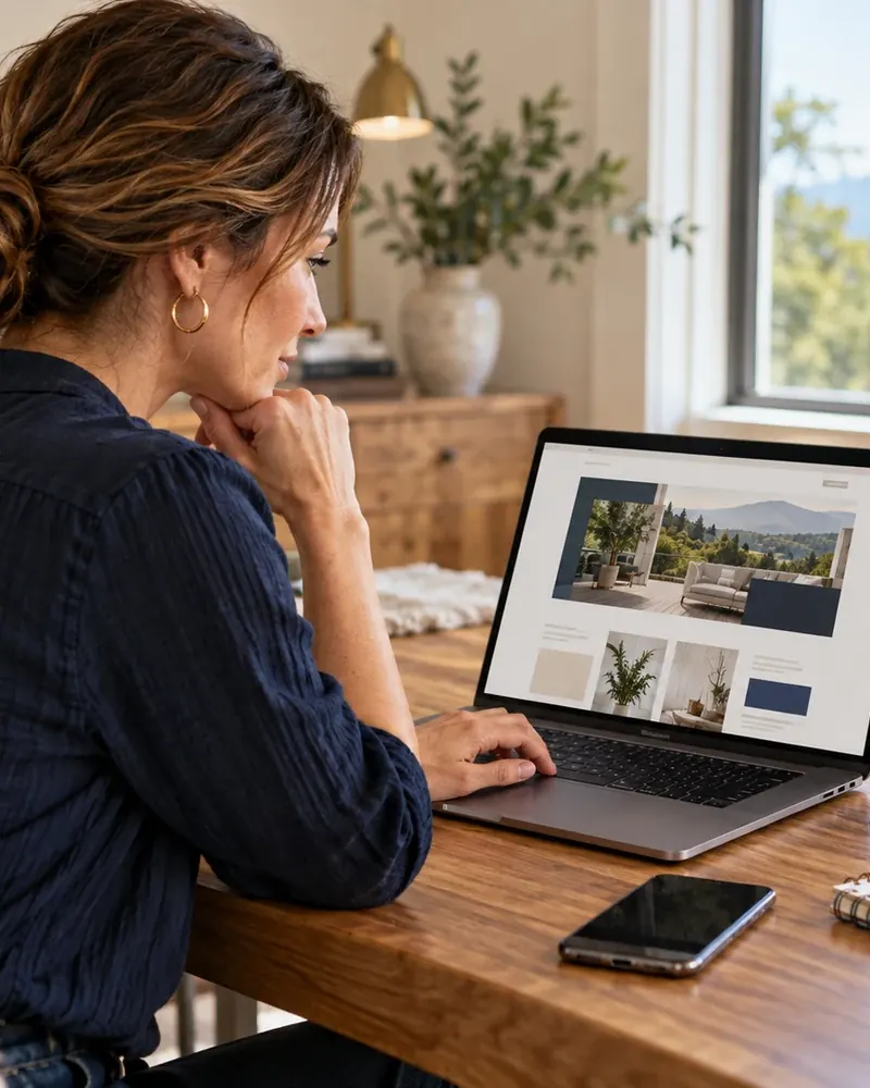 Owner of a new service business reviewing her one-page website on a laptop