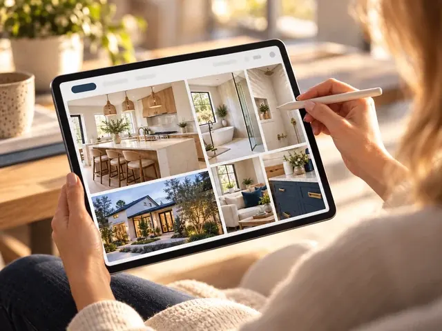 Hands on a tablet reviewing redesigned website pages with home interior photos