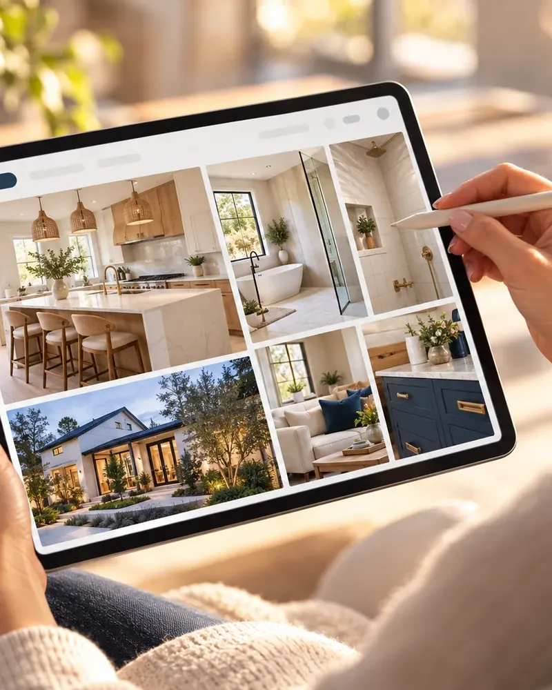 Person using a stylus on a tablet to review a website redesign with home photos