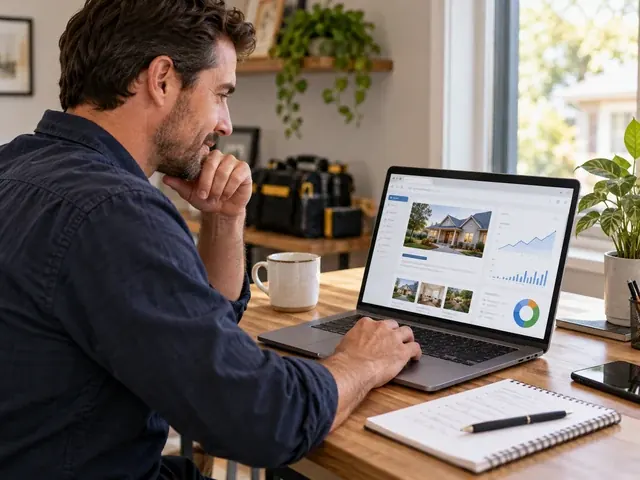 Contractor checking his website traffic dashboard on a laptop, part of the Website + SEO & GEO package