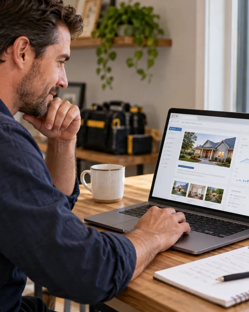 Business owner typing on a laptop that shows his new website with SEO and GEO built in