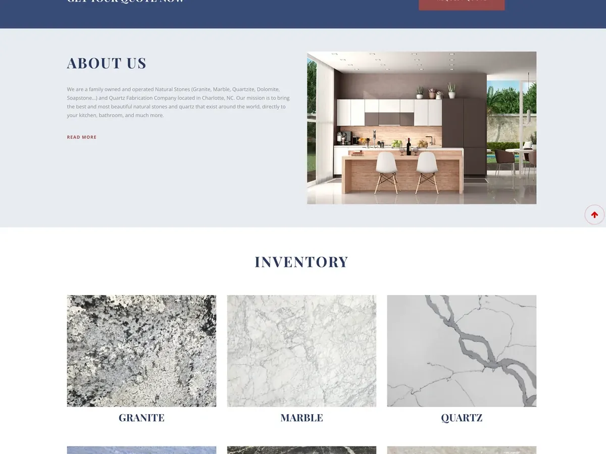 Countertop company website with an about section and granite, marble and quartz inventory